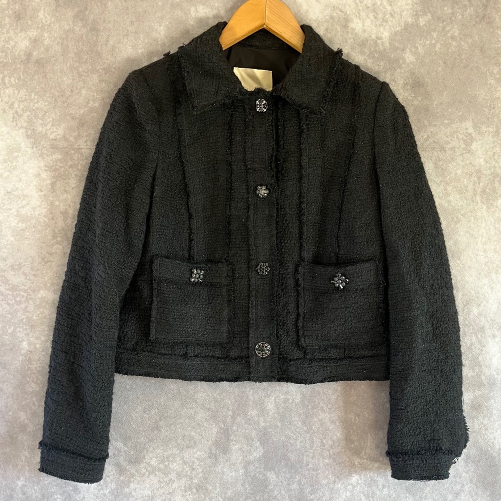 Rebecca Taylor Tweed Jacket Women 2 Black Crystal Button Fringe Wool Blend‎
